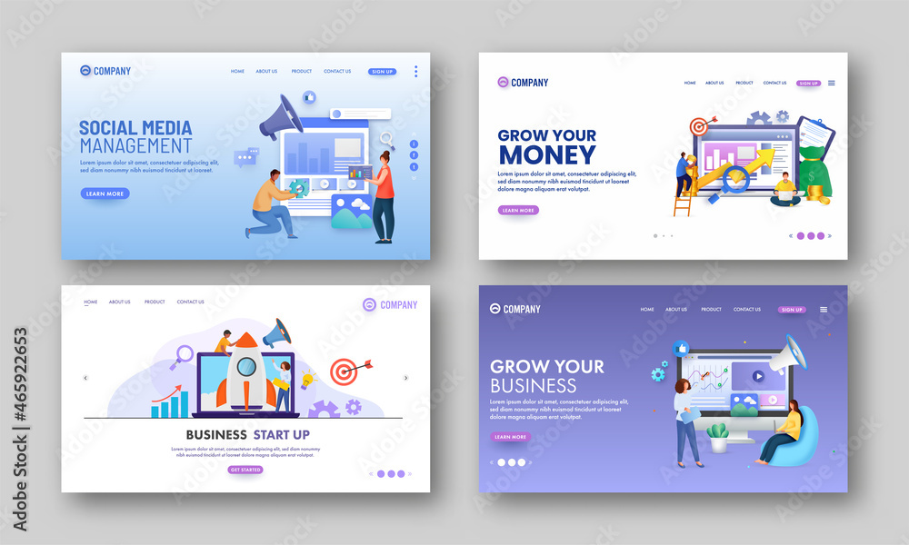 Set Of Hero Image Or Landing Page For Business Startup, Growth And Management.
