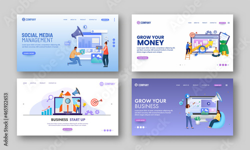 Set Of Hero Image Or Landing Page For Business Startup, Growth And Management.