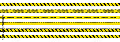 Vector Set of Warning Tapes, Seamless Stripes, Black and Yellow Bright Lines, Borders Isolated on White Background. © Nikita
