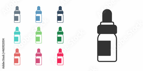 Black Essential oil bottle icon isolated on white background. Organic aromatherapy essence. Skin care serum glass drop package. Set icons colorful. Vector