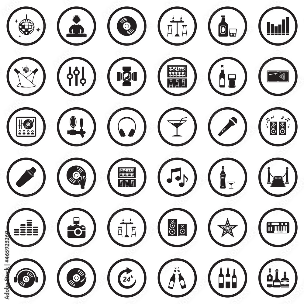 Night Club Icons. Black Flat Design In Circle. Vector Illustration. Night Club Icons. Black Flat Design In Circle. Vector Illustration.