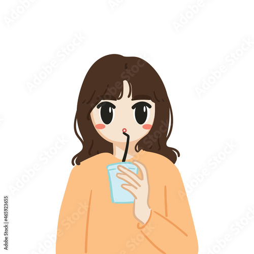 hand drawing cartoon of girl drinking water with straw