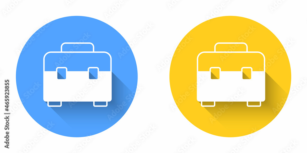 White Toolbox icon isolated with long shadow background. Tool box sign. Circle button. Vector White Toolbox icon isolated with long shadow background. Tool box sign. Circle button. Vector