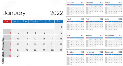 Simple Calendar 2022 on English language, week start on Sunday.