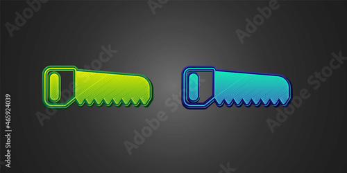 Green and blue Hand saw icon isolated on black background. Vector