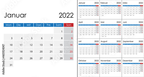 Simple Calendar 2022 on German language, week start on Monday.