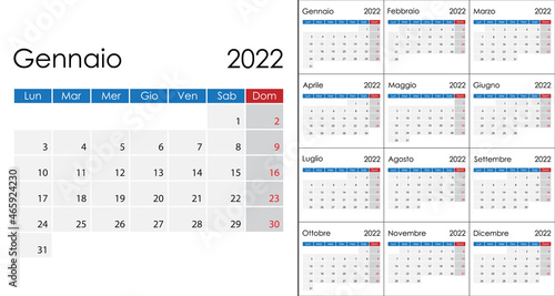 Simple Calendar 2022 on Italian language, week start on Monday.