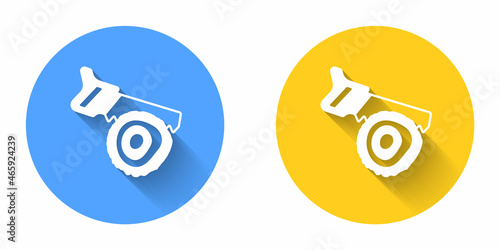 White Hand saw and log icon isolated with long shadow background. Circle button. Vector