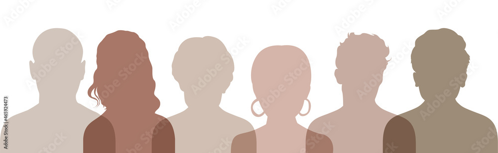 Multiethnic group of people. Silhouette profile group of men and women in earth tone color. Vector illustration.