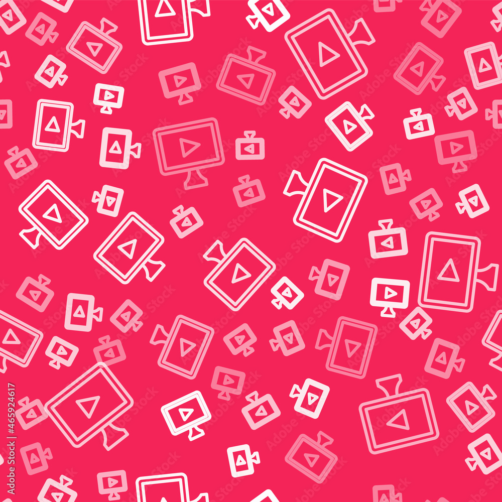 White line Online play video icon isolated seamless pattern on red background. Film strip with play sign. Vector White line Online play video icon isolated seamless pattern on red background. Film strip with play sign. Vector