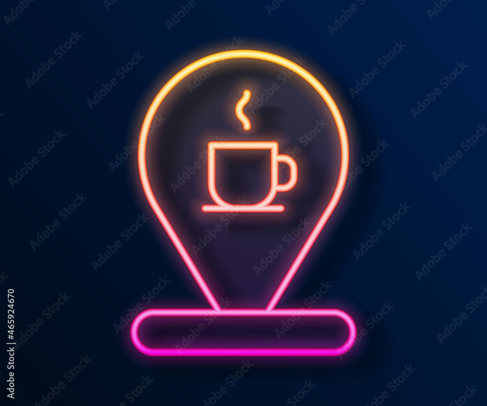 Glowing neon line Location with coffee cup icon isolated on black background. Vector Glowing neon line Location with coffee cup icon isolated on black background. Vector