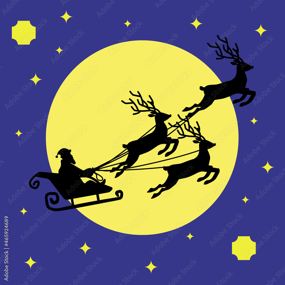 Naklejka premium Santa Claus in a sleigh with three reindeer on the background of a starry sky and a huge moon.Vector illustration can be used in festive banners for Christmas and New Year, postcards.textiles.