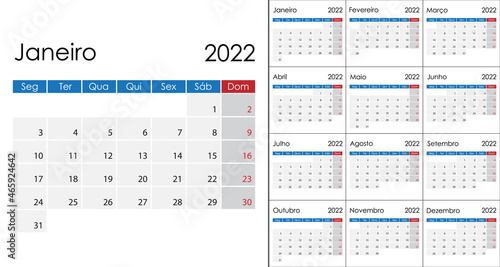Simple Calendar 2022 on Portuguese language, week start on Monday.