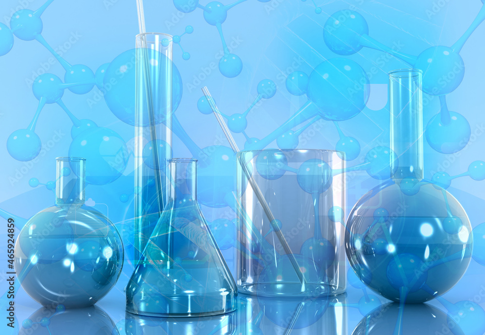 Chemistry lab equipment on scientific background. 3d illustration. Chemistry lab equipment on scientific background. 3d illustration.