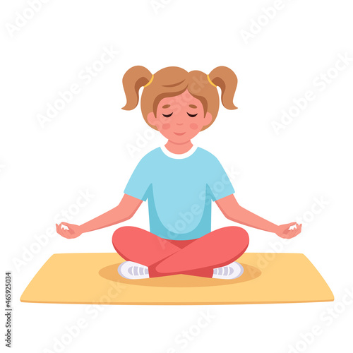 Girl meditating in lotus pose. Gymnastic, yoga and meditation for children. Vector illustration