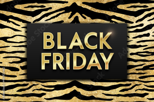 Black friday sale banner design with gold text on golden glitter tiger skin striped texture background. Vector social media template for shopping flyer, discount, web, promotion, advert photo