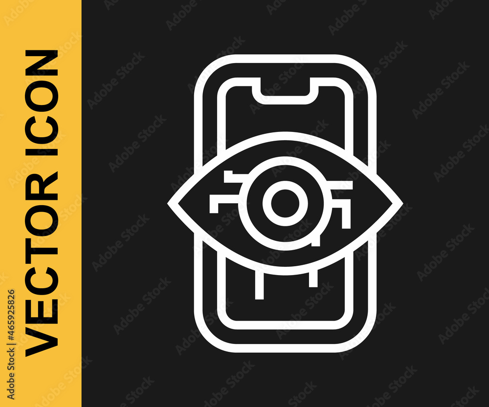 White line Computer vision icon isolated on black background. Technical vision, eye circuit, video surveillance system, augmented reality systems. Vector White line Computer vision icon isolated on black background. Technical vision, eye circuit, video surveillance system, augmented reality systems. Vector