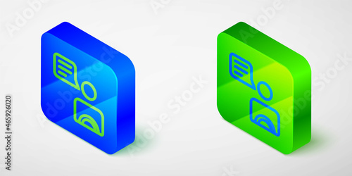 Isometric line Taxi driver icon isolated grey background. Blue and green square button. Vector