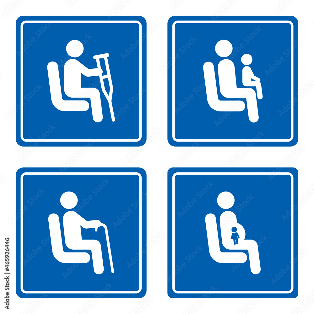 Priority seating for customers with disabilities, pregnant women and passengers with children, seniors. Set of vector signs for bus passengers, waiting rooms, public places. Sitting people icons. Priority seating for customers with disabilities, pregnant women and passengers with children, seniors. Set of vector signs for bus passengers, waiting rooms, public places. Sitting people icons.
