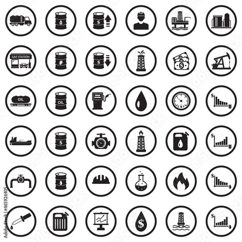 Oil Icons. Black Flat Design In Circle. Vector Illustration.