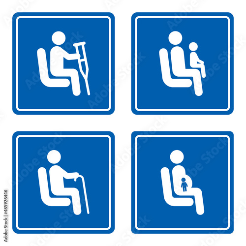Priority seating for customers with disabilities, pregnant women and passengers with children, seniors. Set of vector signs for bus passengers, waiting rooms, public places. Sitting people icons.