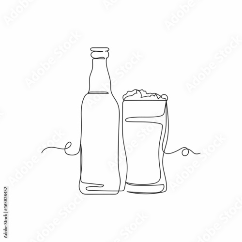 Vector continuous one single line drawing icon of bottle and glass of fresh ginger beer in silhouette on a white background. Linear stylized.