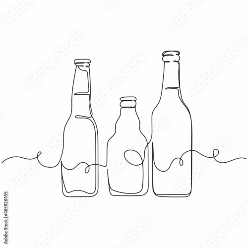 Vector continuous one single line drawing icon of bottles of different beer in silhouette on a white background. Linear stylized.