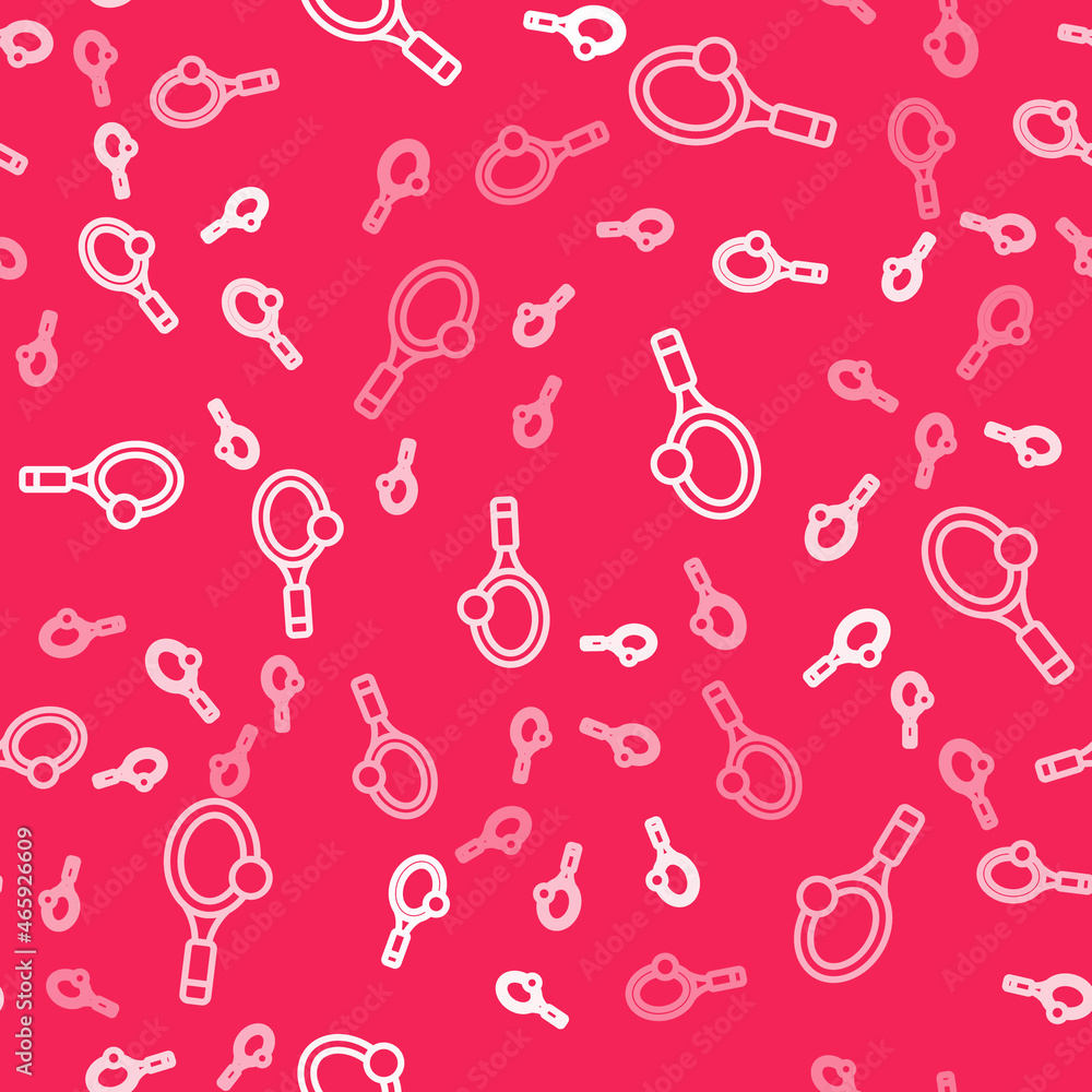 White line Tennis racket with ball icon isolated seamless pattern on red background. Sport equipment. Vector White line Tennis racket with ball icon isolated seamless pattern on red background. Sport equipment. Vector
