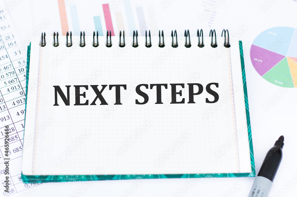Next Steps inscription on the notebook on the background of reports, next to a black marker Next Steps inscription on the notebook on the background of reports, next to a black marker