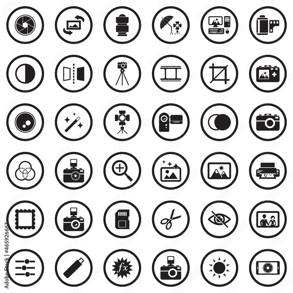 Photography Icons. Black Flat Design In Circle. Vector Illustration. Photography Icons. Black Flat Design In Circle. Vector Illustration.