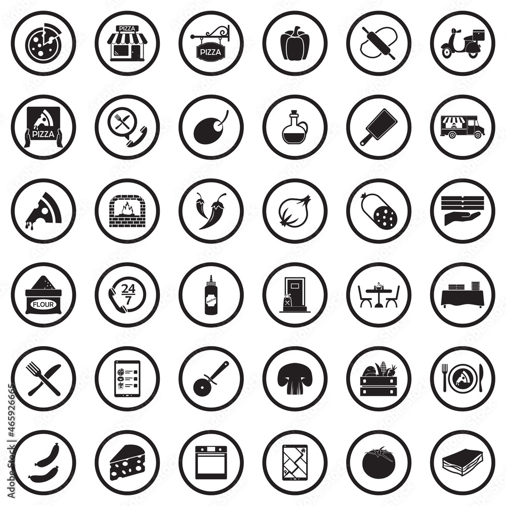 Pizza Icons. Black Flat Design In Circle. Vector Illustration. Pizza Icons. Black Flat Design In Circle. Vector Illustration.