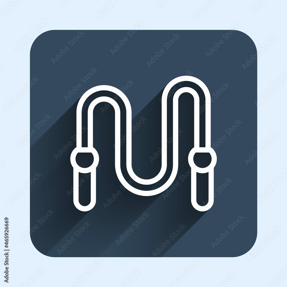 White line Jump rope icon isolated with long shadow background. Skipping rope. Sport equipment. Blue square button. Vector White line Jump rope icon isolated with long shadow background. Skipping rope. Sport equipment. Blue square button. Vector