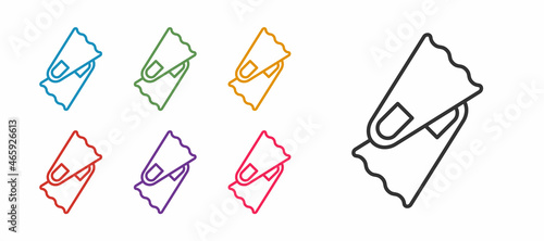 Set line Rubber flippers for swimming icon isolated on white background. Diving equipment. Extreme sport. Diving underwater equipment. Set icons colorful. Vector