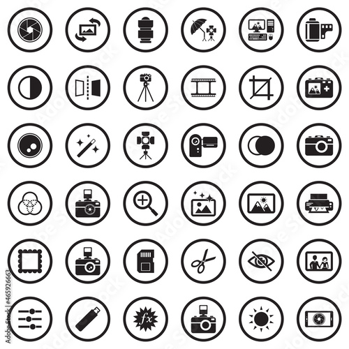 Photography Icons. Black Flat Design In Circle. Vector Illustration.