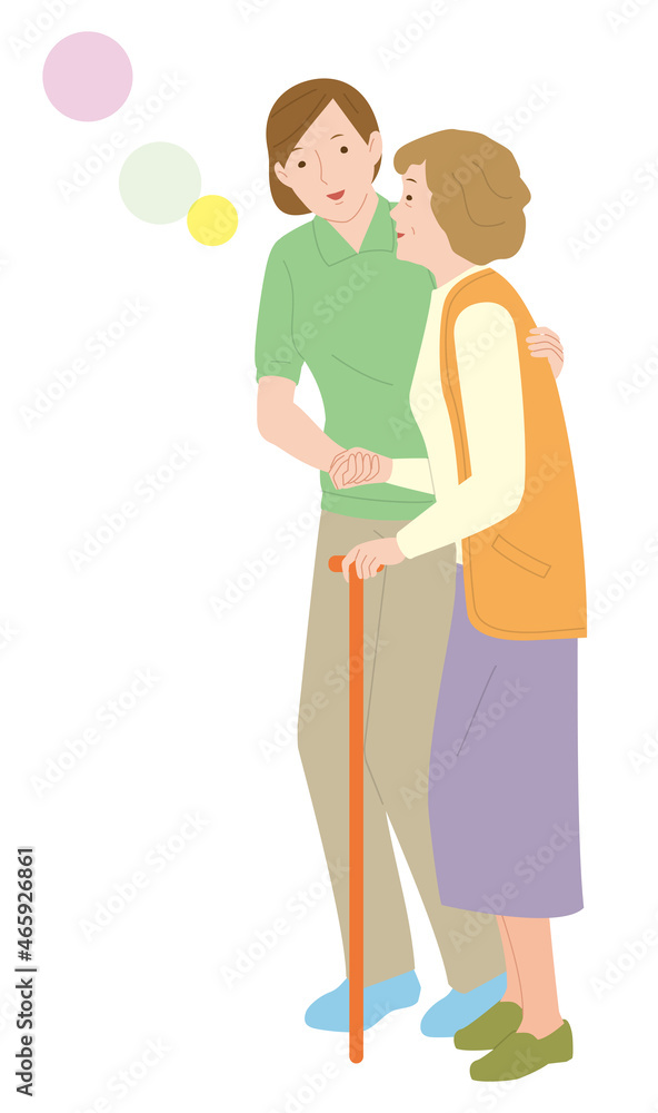 高齢の女性の散歩の手助けをする女性介護士。ベクターイラスト