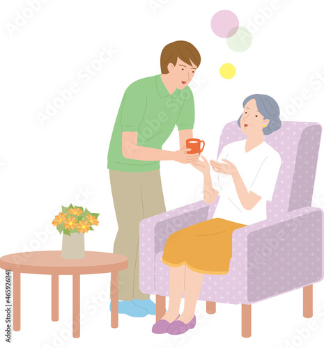 高齢の女性へ飲み物を渡す男性介護士。ベクターイラスト
