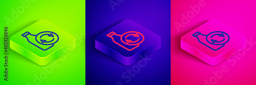 Isometric line Recycling plastic bottle icon isolated on green, blue and pink background. Square button. Vector