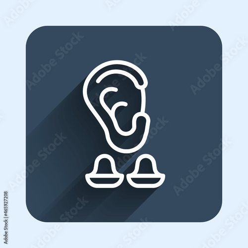 White line Earplugs and ear icon isolated with long shadow background. Ear plug sign. Noise symbol. Sleeping quality concept. Blue square button. Vector