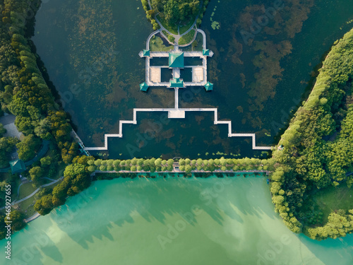 Ancient pavillons on the shoreside of East lake of Wuhan China photo