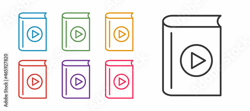 Set line Audio book icon isolated on white background. Play button and book. Audio guide sign. Online learning concept. Set icons colorful. Vector