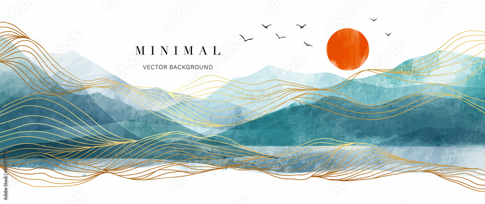 Mountain background vector. Minimal landscape art with watercolor brush and golden line art texture. Abstract art wallpaper for prints, Art Decoration, wall arts and canvas prints.