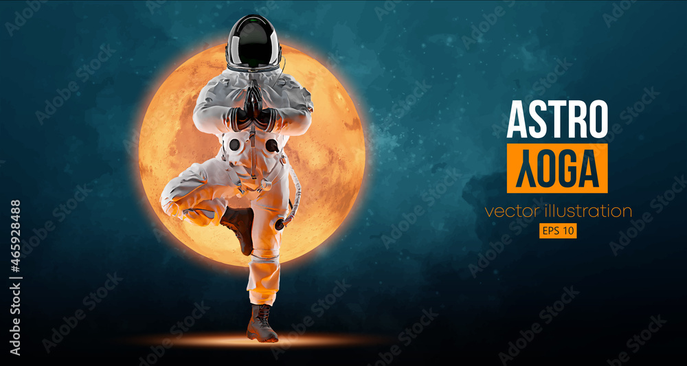 Astronaut doing yoga on the background of the mars and space. Yoga