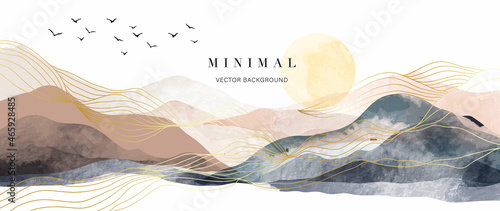 Mountain background vector. Minimal landscape art with watercolor brush and golden line art texture. Abstract art wallpaper for prints, Art Decoration, wall arts and canvas prints.