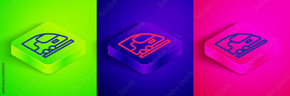 Isometric line High-speed train icon isolated on green, blue and pink background. Railroad travel and railway tourism. Subway or metro streamlined fast train transport. Square button. Vector Isometric line High-speed train icon isolated on green, blue and pink background. Railroad travel and railway tourism. Subway or metro streamlined fast train transport. Square button. Vector