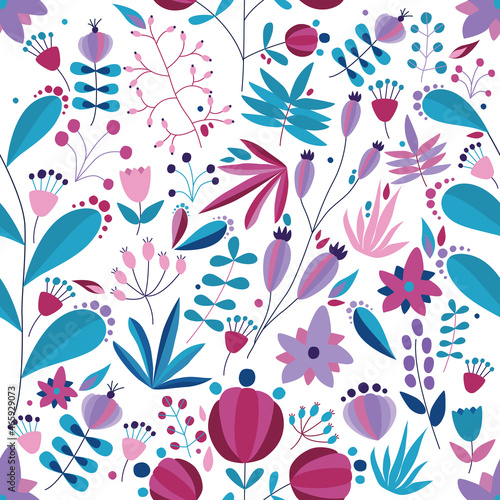 floral seamless pattern with flowers and plants in light background. tropical...