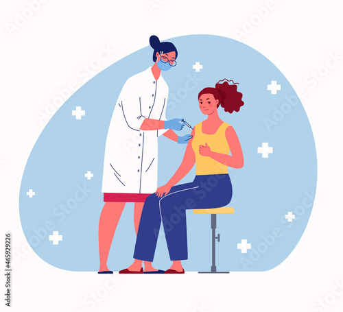 Concept of herd immunity during epidemic. Female doctor gives patient injection in shoulder. Vector cartoon style illustration with people characters.
