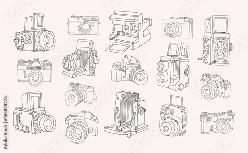 Set of different photo cameras. Hand drawn contour collection in doodle style. photo