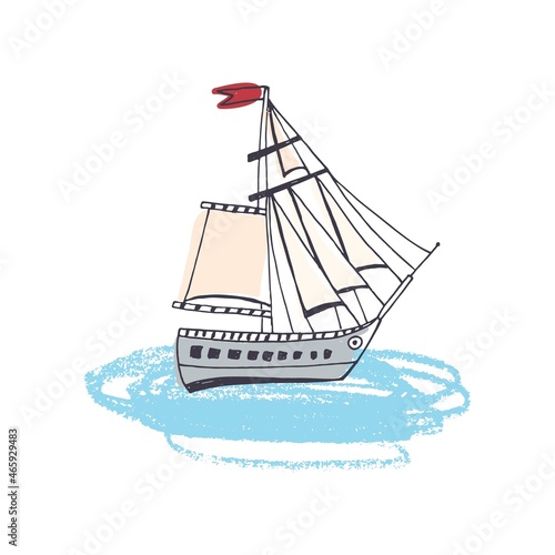 Doodle drawing of passenger ship, classical sailing boat or marine vessel wit...