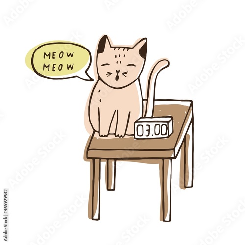 Cute naughty cat sitting on bedside table near digital clock and meowing at night. Nasty loud kitty. Problem of bad behavior of domestic animal or pet. Colorful hand drawn vector illustration.