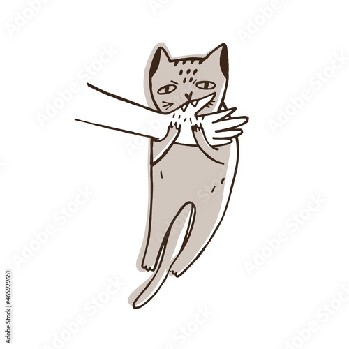 Angry cat biting hand of its owner isolated on white background. Aggressive, evil or furious kitty. Problem of disobedience of domestic animal, pet's aggression. Hand drawn vector illustration.